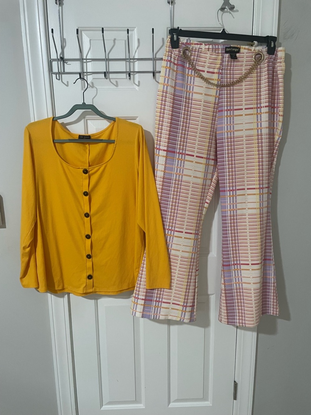 Plaid Wide-Leg Pants with Chain Belt - Yellow & Pink like an angel 2x 22/24 top